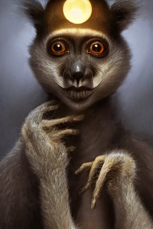 Image similar to lemur inventor, physically accurate, moody dynamic lighting, very very intricate, very very elegant, highly detailed, digital painting, artstation, HR GIGER, Hieronymus Bosch, Francis Bacon, concept art, smooth, very beautiful, sharp focus, illustration, art by artgerm and greg rutkowski and alphonse mucha