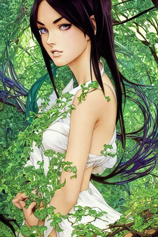 Prompt: anime key visual of a beautiful young megan fox goddess!! in white silk clothing covered in vibrant green vines, intricate, magical forest, stunning, highly detailed, digital painting, artstation, smooth, hard focus, illustration, art by artgerm and greg rutkowski and alphonse mucha
