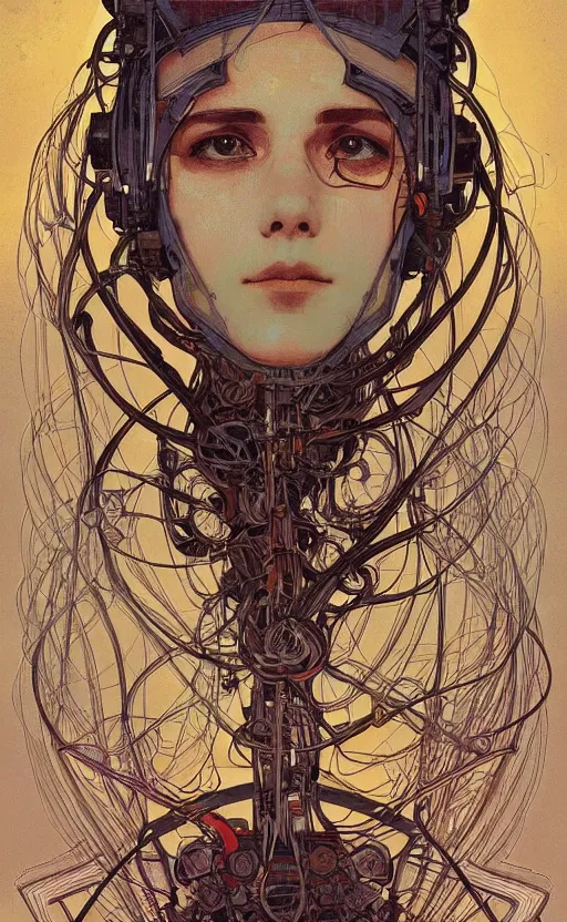 Image similar to upper half portrait of army mecha robot - wires and vines as design borders, art by alphonse mucha, highly detailed, digital painting, concept art, illustration, smooth sharp focus, intricate, symmetry, artstation, colourful,