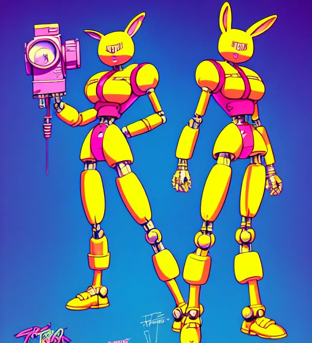 Image similar to retrowave robot rabbit girl protagonist, animation character design by akira toriyama, don bluth, jack kirby, alex toth, hasbro, action - adventure, sharp detail, artstation trending, conceptart. com