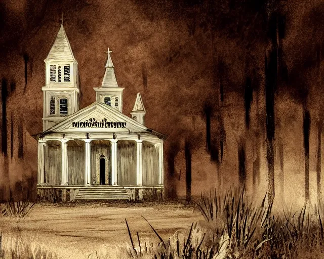 Prompt: Burning white old church, 19th century southern gothic scene, typical louisiana background, digital art, highly detailed, intricate, sharp focus, Trending on Artstation HQ, deviantart, 4K UHD image