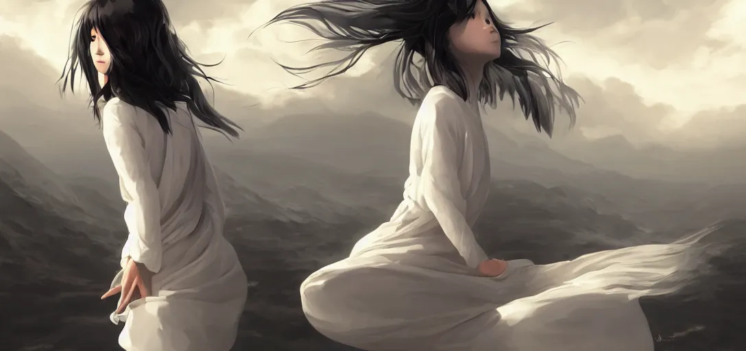 Prompt: a beautiful Tibetan woman, innocent, somber white eyes, blind, long black and white split hair,gentle lighting, storm in the distance, simple dress, digital art by Makoto Shinkai ilya kuvshinov and Wojtek Fus, digital art, concept art,