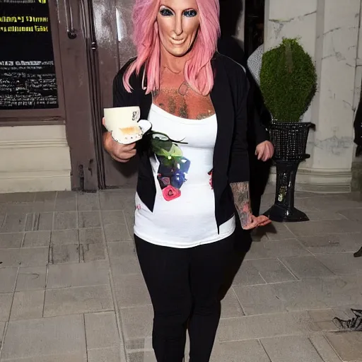 Image similar to jodie marsh joined at hip with Michael mcintyre combining pepper pig tea at the ritz