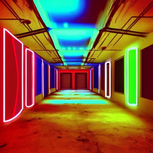 Prompt: abandoned movie theatre hallway, high contrast neon lighting, playstation 1 game, low poly graphics