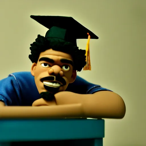 Image similar to a cinematic film still of a claymation stop motion film starring chance the rapper as a college student, shallow depth of field, 8 0 mm, f 1. 8