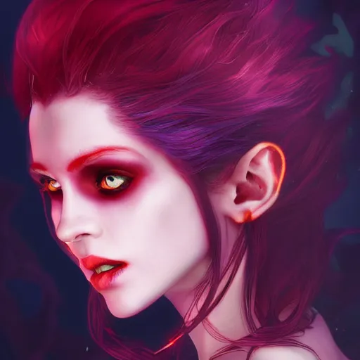 Image similar to redhead vampire sorceress, perfect face viewed in profile, bright glowing purple and red eyes, gold shirt, cinematic, floating ash, stunning, highly detailed, artstation, smooth, hard focus, concept art, art by artgerm and greg rutkowski and alphonse mucha, volumetric lighting, octane render, 4 k resolution, trending on artstation, masterpiece