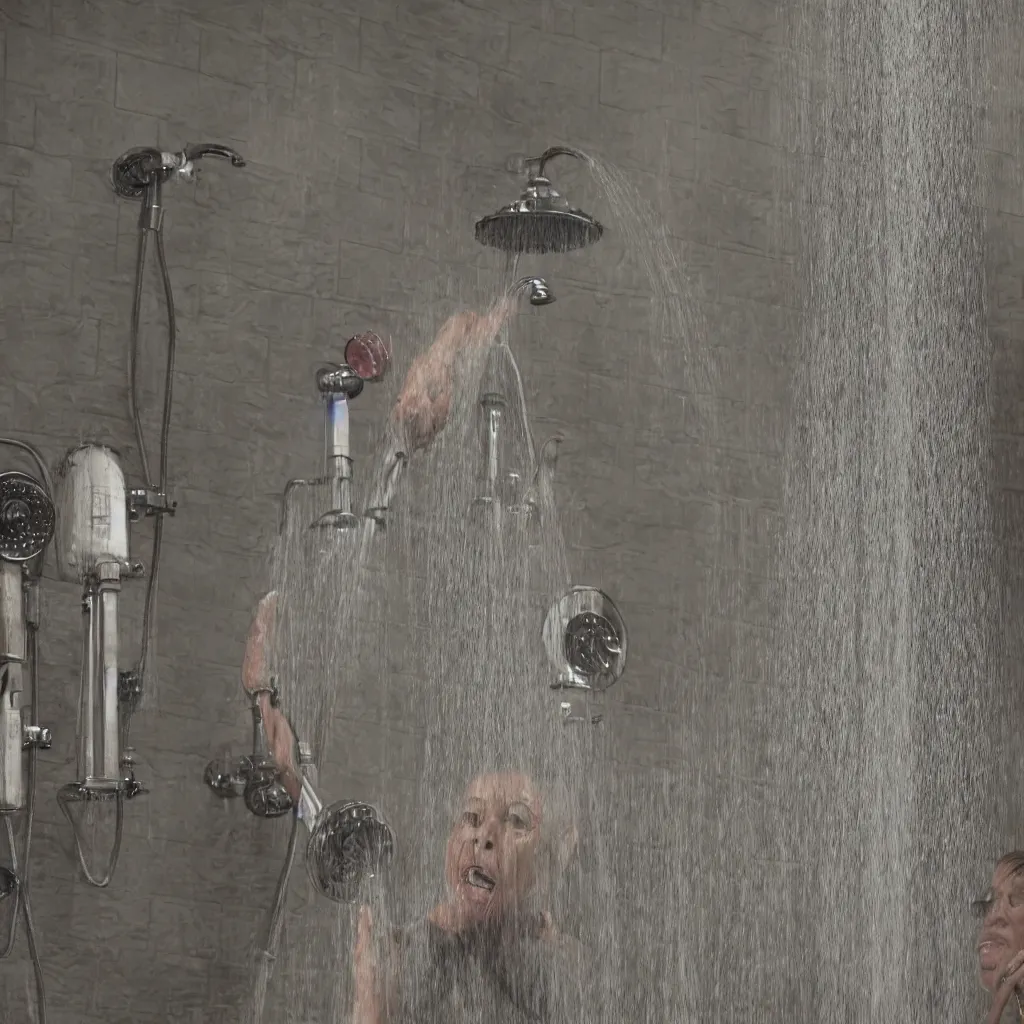 Image similar to Three old ladies shouting into a shower head, unreal engine, high detail