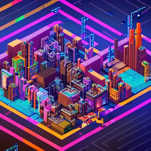 Image similar to voxel art of a cyberpunk blockchain city, chains connecting separate blocks, blockchain, symmetry, intricate, volumetric lighting, beautiful, rich deep colors masterpiece, sharp focus, ultra detailed, in the style of dan mumford and marc simonetti