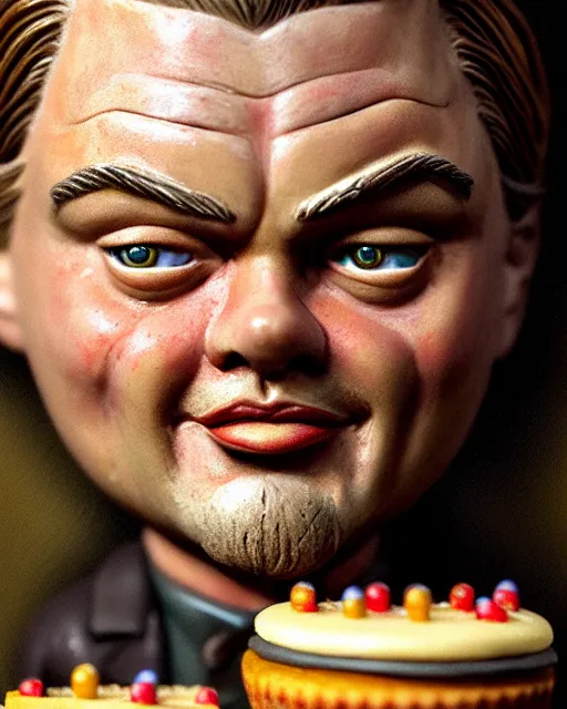 Image similar to highly detailed closeup, face profile portrait of a tin toy leonardo dicaprio as a medieval goblin eating cakes in a castle, hyper realistic, artstation, illustration, nicoletta ceccoli, mark ryden, lostfish, dan decarlo, bob clampett, max fleischer, digital paint, matte paint, vivid colors, detailed and intricate environment