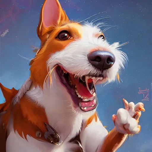 Image similar to adorable jack russel terrier laughing, fantasy art, artstation character design contest winner, trending on cgsociety, concept art, speedpaint, beautiful digital art, jesper ejsing, james jean, justin gerard, fenghua zhong, makoto shinkai, highly detailed