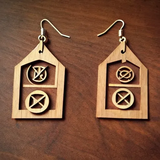 Image similar to 2 d wood lasercut earrings, mystical symbols, 8 k, hd, trending on amazon on artstation, trending on deviantart, trending on etsy, epic digital art