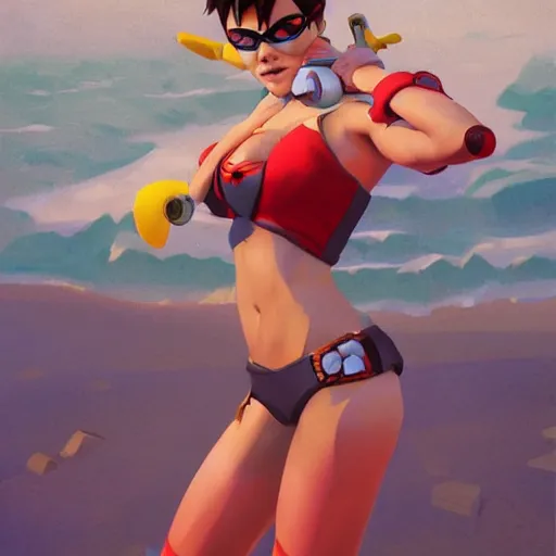 Prompt: overwatch tracer in a red bikini on the rio de janeiro's beach, artwork by sergey kolesov, medium shot, asymmetrical, organic painting, sunny day, matte painting, bold shapes, hard edges, street art, trending on artstation, by huang guangjian and gil elvgren and sachin teng