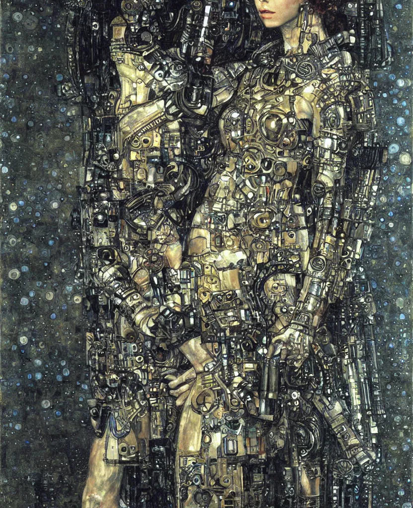 Image similar to cybernetic female supersoldier armed with laser rifle, intricate detail, klimt, royo, whealan,