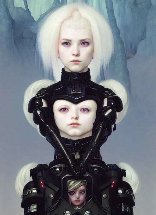 Prompt: portrait of beautiful cute young goth balenciaga military maiden cyborg girl with white hair in warhammer armor, art by ( ( ( kuvshinov ilya ) ) ) and wayne barlowe and gustav klimt and artgerm and wlop and william - adolphe bouguereau