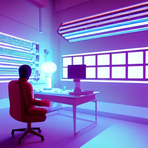 Prompt: hyperrealism colour detailed photography scene by stanley kubrick of highly detailed stylish system administratorfrom the far future as robot style by gragory crewdson and katsuhiro otomo, mike winkelmann with many details by josan gonzalez working at the detailed data center by laurie greasley hyperrealism stock photo on dsmc 3 system volumetric led light rendered in blender