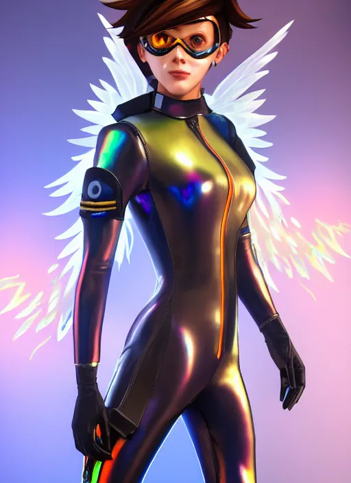 Image similar to portrait bust digital artwork of tracer overwatch, wearing iridescent rainbow latex and leather straps catsuit outfit, 4 k, expressive happy face, makeup, in style of mark arian, angel wings, wearing detailed leather collar, chains, black leather harness, detailed face and eyes,