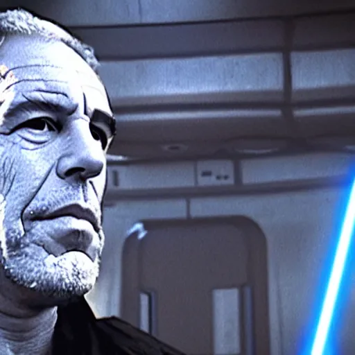 Image similar to jeffrey epstein in'star wars'as a sith lord fighting storm troopers, full body, cinematic scene, cinematic lighting, 1 4 mm