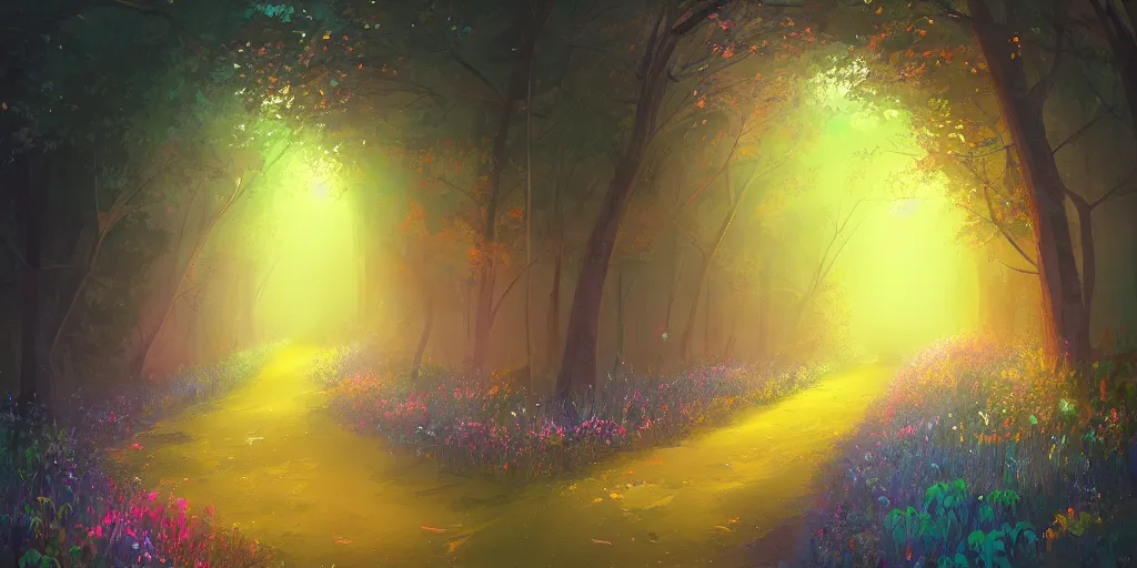 Prompt: colorful sylvain sarrailh illustration of a night view down an empty forest tunnel, brightly illuminated by rays of sunlight, wildflowers, artstation