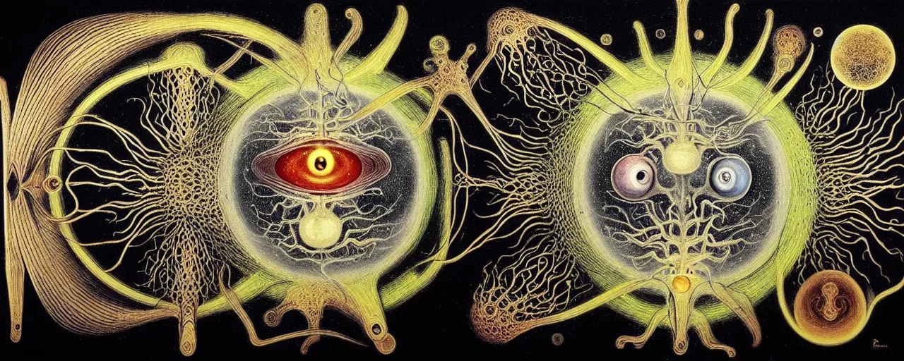 Image similar to a strange earth creature with endearing eyes radiates a unique canto'as above so below'while being ignited by the spirit of haeckel and robert fludd, breakthrough is iminent, glory be to the magic within, in honor of saturn, painted by ronny khalil