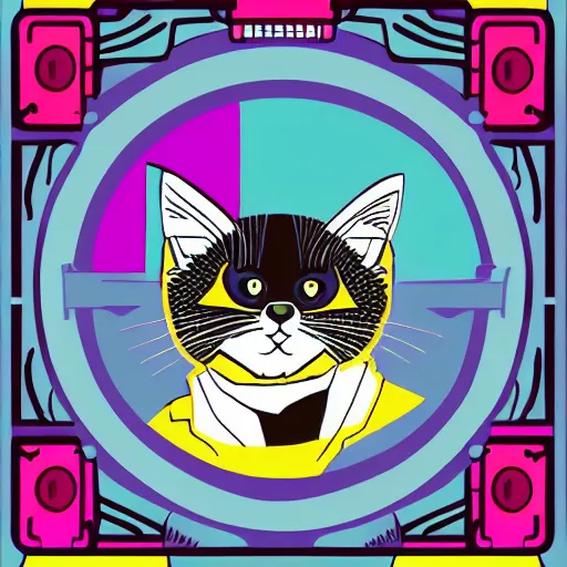 Image similar to a simplified vector based illustration about a cyberpunk kitten, space colors