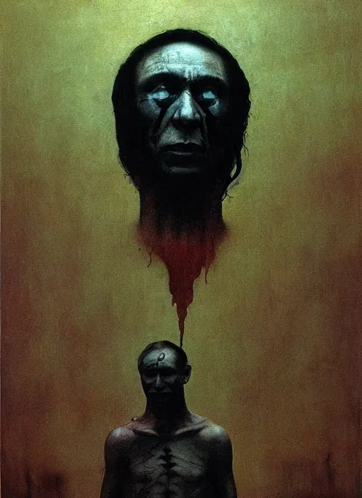 Image similar to Painting in a style of Beksinski featuring Vladimir Putin. Suffering and pain