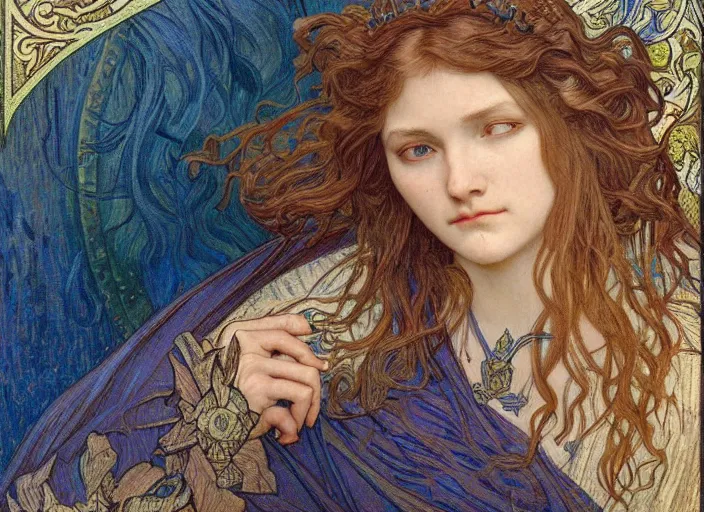 Image similar to detailed realistic beautiful young medieval queen face portrait by jean delville, alphonse mucha, vincent van gogh, and marco mazzoni, art nouveau, symbolist, visionary, gothic, pre - raphaelite