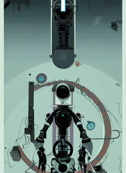 Image similar to poster artwork by Michael Whelan and Tomer Hanuka, Aperture Science, clean