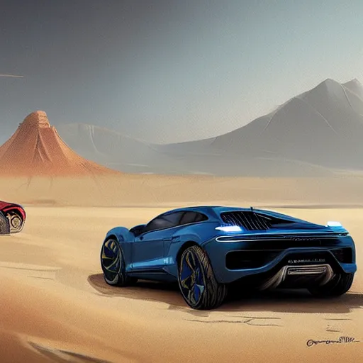 Prompt: electric concept car by porsche and lamborghini, scene in desert, digital art, ultra realistic, ultra detailed, art by greg rutkowski