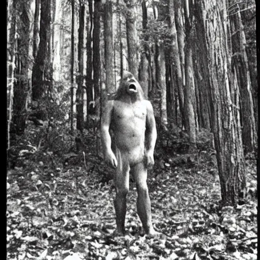 Prompt: found footage of the Bigfoot in the forest, VHS, hi 8