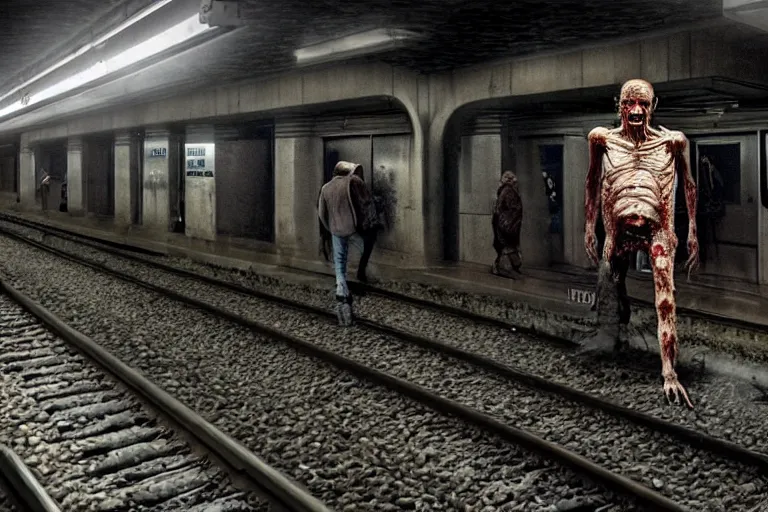 Prompt: very large giant mutant zombie irradiated an infected with cancer ( angry rat ) staying on railways in tonnel of moscow subway. extreme high detail, very realistic. low dark light, scary mood.