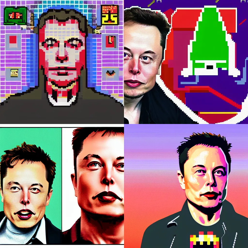 Prompt: Elon Musk in 16 bit graphics, video game style, bit game