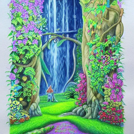 Image similar to Colored pencil art on paper, highly detailed, artstation, People, Plants and Trees, Animals, Magical Creatures, buildings, scenery, enchanted landscapes, PrismaColor