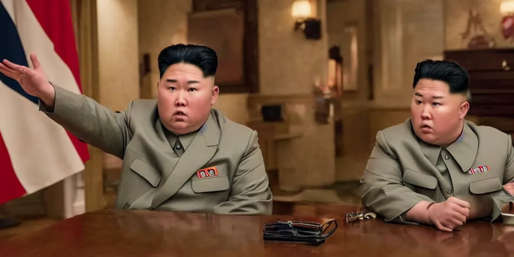 Image similar to Randall Park as Kim Jong-un in 'The Interview 2' (2023), movie still frame