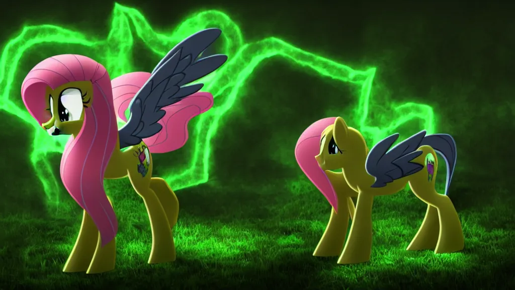 Image similar to 3D Fluttershy from My Little Pony as a necromancer, standing over a dead pony, bright green swirls coming up around her, glowing aura, pitch black background, dramatic and colorful lighting, she is surrounded by green chibi glowing skulls, smoke all around, unrealengine, 4k, HDR