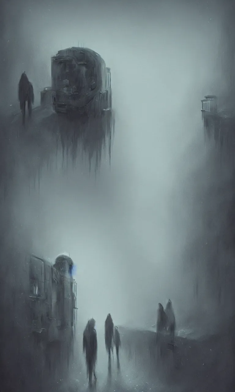Image similar to ghostly travelers in an old creepy foggy train ominous ligne claire fantasy by igor wolski as featured on artstation 3 d, cyberpunk, neo - gothic, gothic, character concept design, detailed, by beksinski, francis bacon