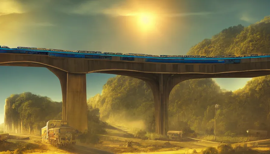 Image similar to futuristic cargo train driving over aqueduct, green hills, matte painting, artstation, sunrise, blue sky, solarpunk