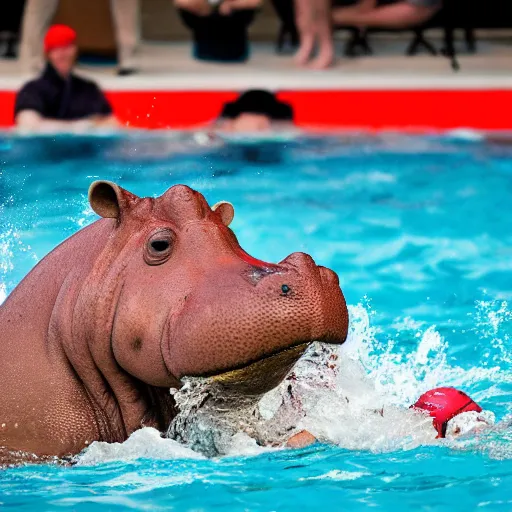 Image similar to hippopotamuses playing water polo with people. sports photograph.