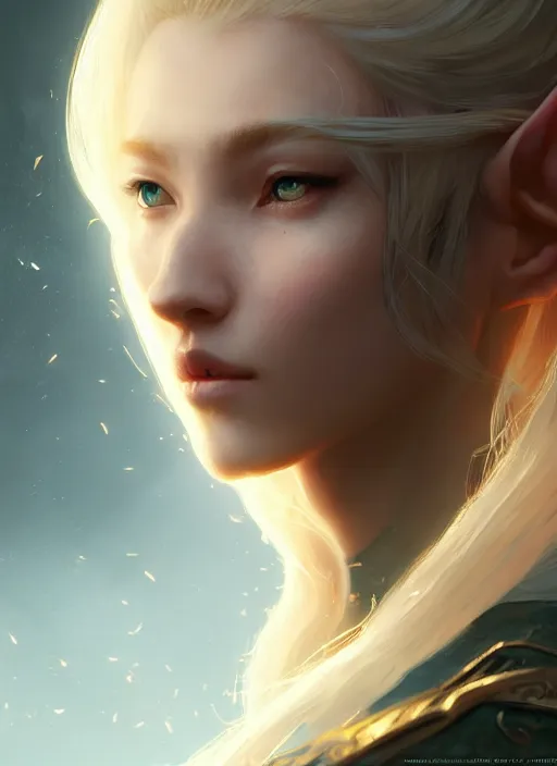 Prompt: Half-body portrait of a beautiful elven princess with blonde hair and luminous aura. In style of Hyung-tae Kim and Greg Rutkowski, concept art, trending on ArtStation, Korean MMORPG, over-detailed art, 8K, epic, dynamic lightning, dramatic pose.