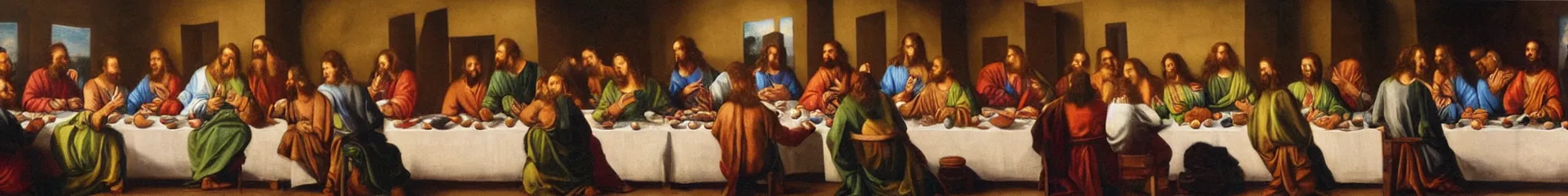 Prompt: the last supper for an extra large group of people, oil painting reproduction