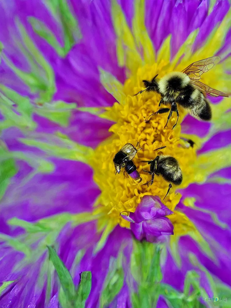 Image similar to bumble bee flying through glowing ring landing on a purple dahlia, hyper-detailed, digital art, artist Bev Dolittle