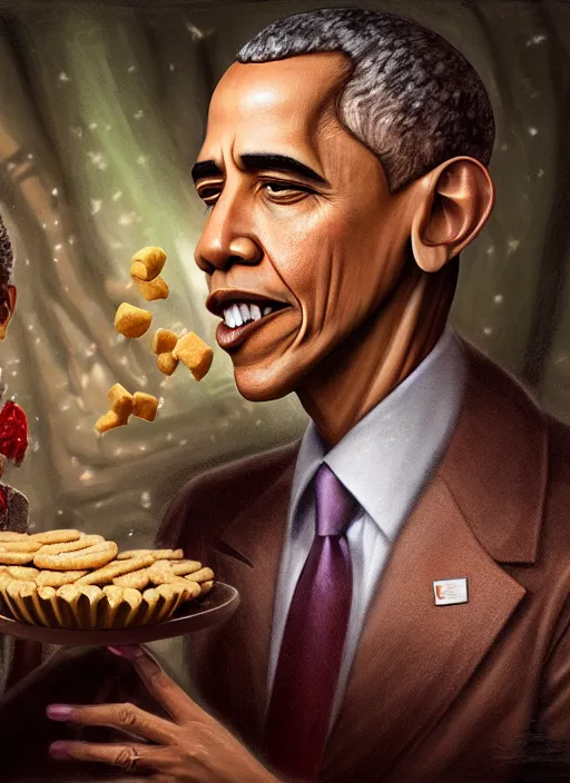 Image similar to highly detailed closeup portrait of obama as a fairytale medieval prince eating cookies, unreal engine, nicoletta ceccoli, mark ryden, lostfish, earl norem, global illumination, god rays, detailed and intricate environment