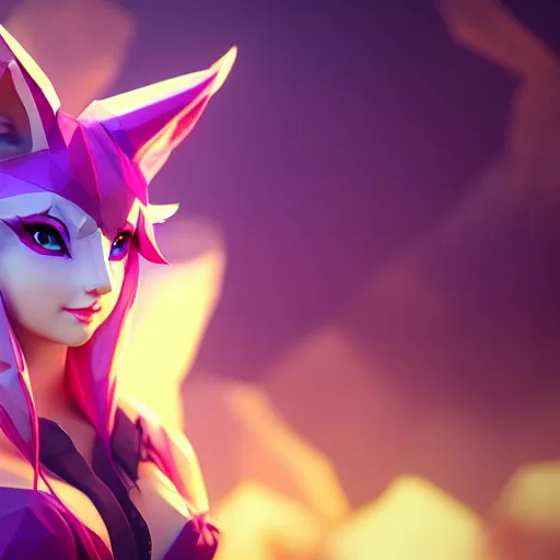 Image similar to low poly simple art of Ahri from league of legends, 8k resolution, high detail, ULTRA REALISTIC VFX, reflections, post processing