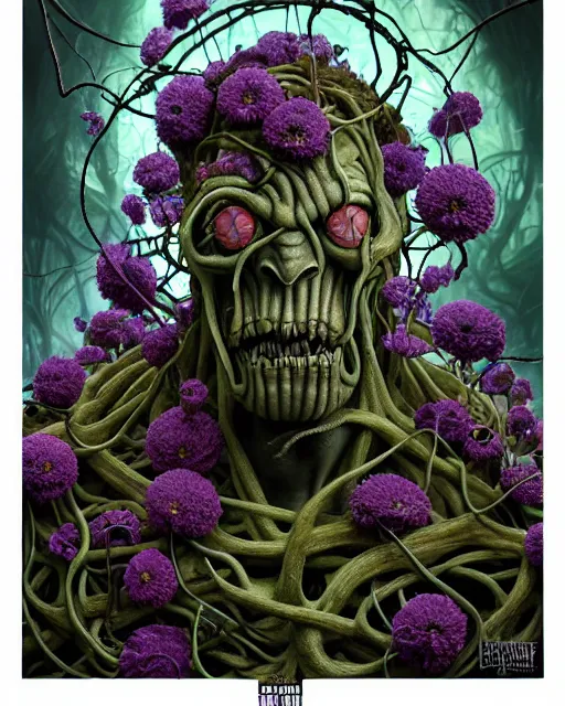 Image similar to the platonic ideal of flowers, rotting, moss, insects, vines and praying of cletus kasady ultimate carnage thanos dementor doctor manhattan chtulu nazgul davinci, detailed, intricate, hyperrealism, cinematic composition, intense, scary, decay, dmt, art by brock hofer and artgerm and greg rutkowski and alphonse mucha