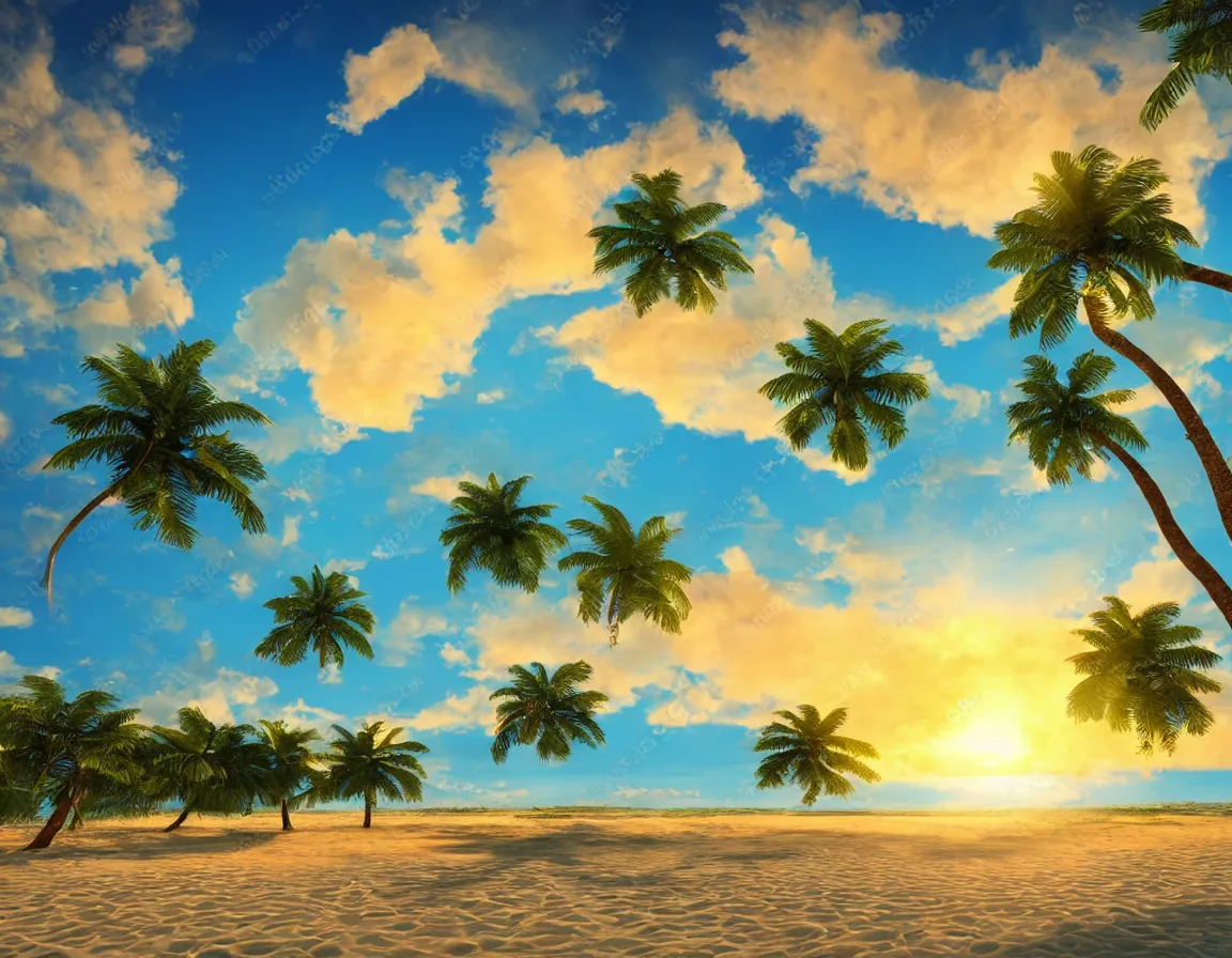 Prompt: 3 d rendering o photorealistic flying sandy beach flat planet with one exotic palm tree, sunset lighting