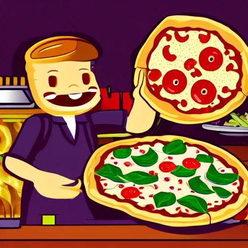 Image similar to a pizza maker with four arms, beautiful fantasy illustration