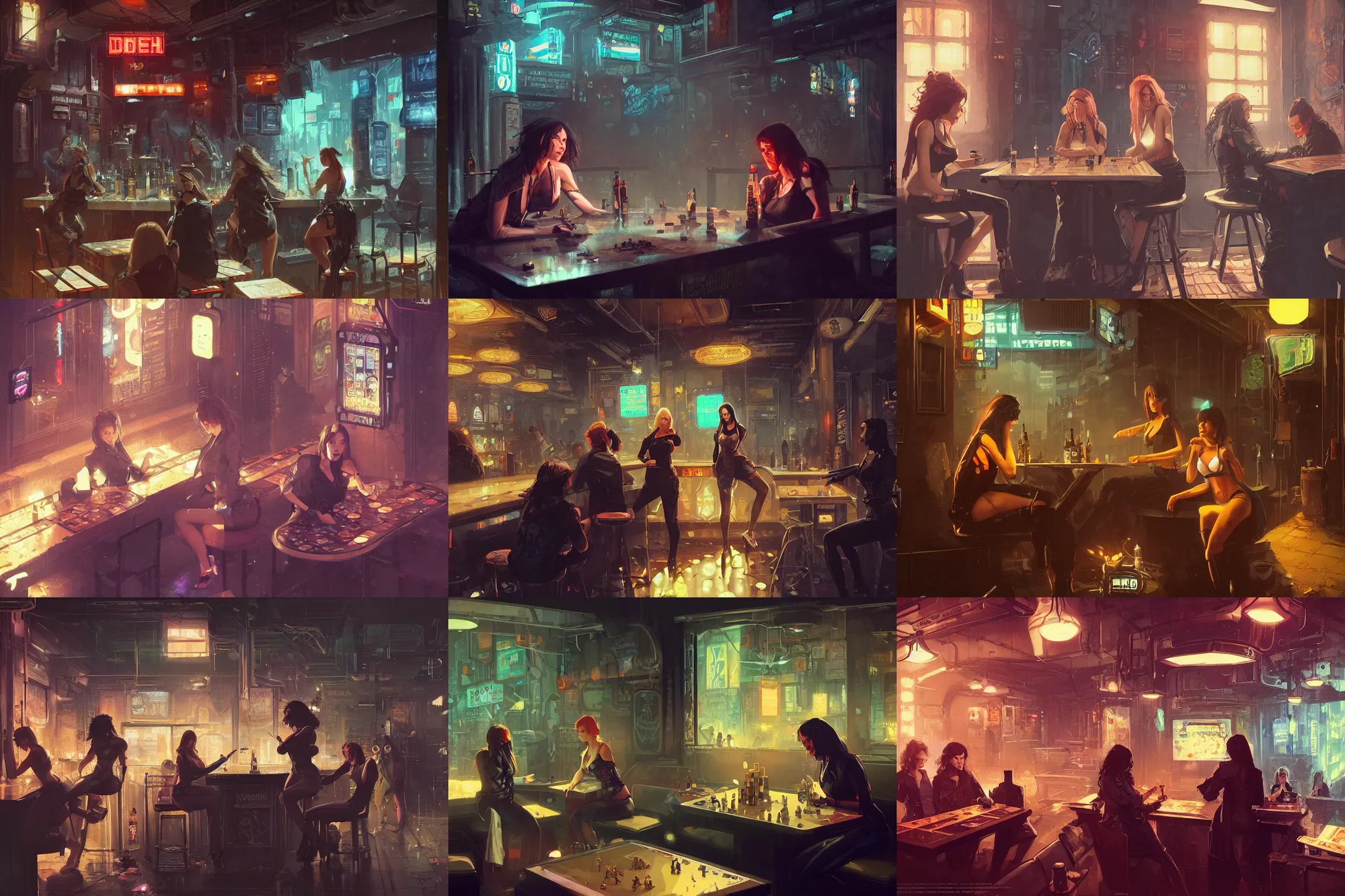 Prompt: women in the interior of a cyberpunk pub, Greg Rutkowski, Milo Manara, night time, smoking cigarettes, playing board games, highly detailed, Quentin Tarantino movie posters, pulp fiction, level design, concept art, artstation, cgsociety, zenith view
