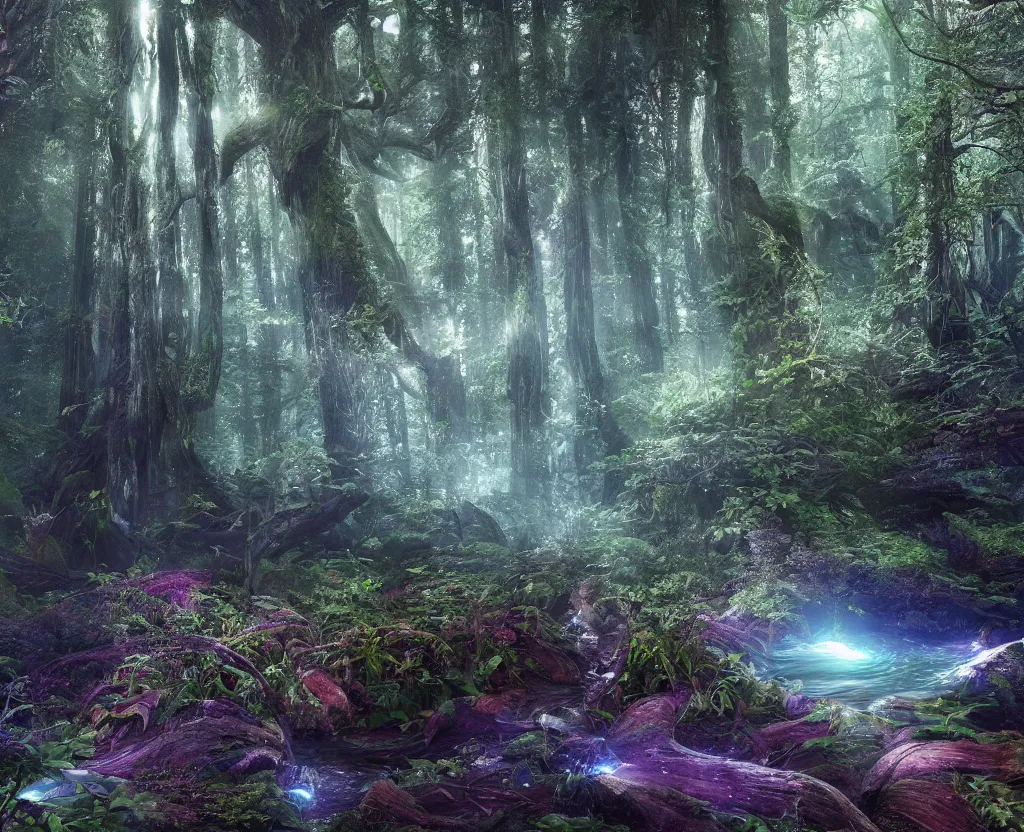 Image similar to enchanted magical illumined twisty swirly watery ( next level ) giant redwood forest. spells. runes. 8 k. uhd. octane render. highly elegant, detailed. harmonic composition. epic composition. hd.