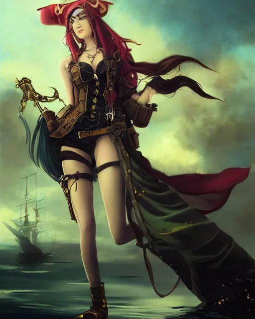 Prompt: a beautiful half body 2D illustration of a young female steampunk pirate wearing leather armor on gold and red trimmings on green, by Charlie Bowater, tom bagshaw, Artgerm and Lois Van Baarle, beautiful anime face, very cool pose, pirate ship with an epic sky background, slightly smiling, cinematic anime lighting and composition, fantasy painting, very detailed, ornate, trending on artstation and pinterest, deviantart, google images