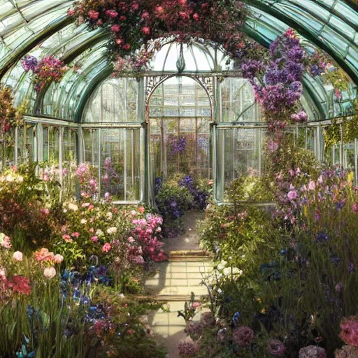 Image similar to a beautifull intricate greenhouse with many flowers, reflexions, verry high details by william turner art, greg rutkowski and alphonse mucha, trending on artstation, very very detailed, masterpiece, - h 1 2 8 0 - w 6 4 0