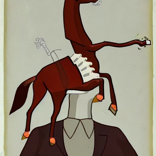 Image similar to an antropomorphic horse wearing a suit smoking a cigar